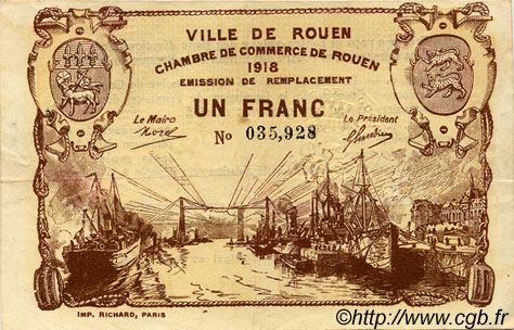 1 Franc FRANCE Regionalismus und verschiedenen Rouen 1918 JP.110.39 SS to VZ