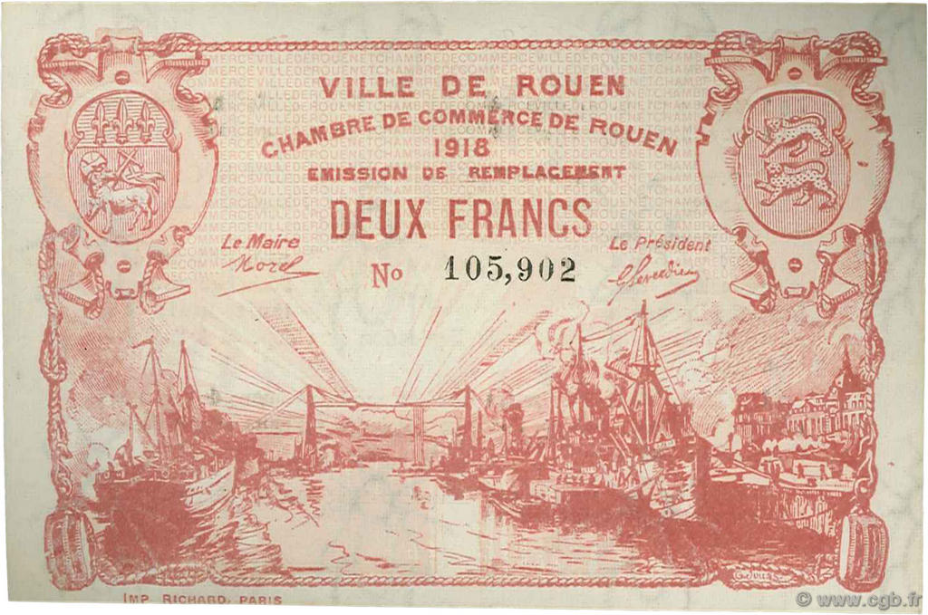 2 Francs FRANCE regionalism and various Rouen 1918 JP.110.41 AU+