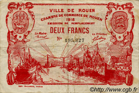 2 Francs FRANCE regionalismo y varios Rouen 1918 JP.110.41 BC