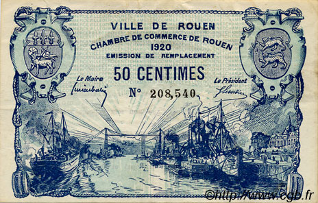 50 Centimes FRANCE Regionalismus und verschiedenen Rouen 1920 JP.110.46 SS to VZ