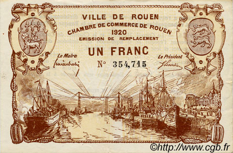 1 Franc FRANCE regionalism and miscellaneous Rouen 1920 JP.110.50 VF - XF