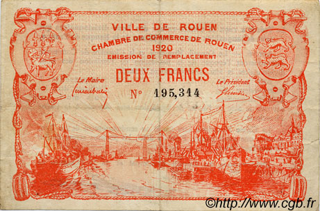 2 Francs FRANCE Regionalismus und verschiedenen Rouen 1920 JP.110.52 SS to VZ