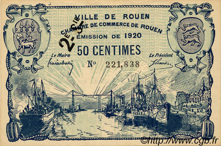 50 Centimes FRANCE regionalismo e varie Rouen 1920 JP.110.53 BB to SPL