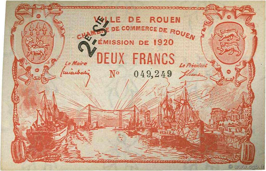 2 Francs FRANCE Regionalismus und verschiedenen Rouen 1920 JP.110.58 fST to ST