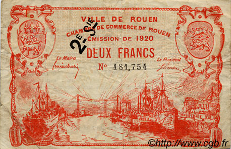 2 Francs FRANCE régionalisme et divers Rouen 1920 JP.110.58 TB