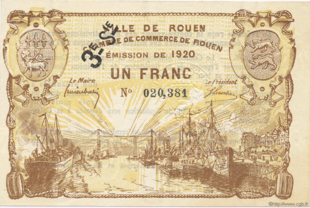 1 Franc FRANCE regionalismo e varie Rouen 1920 JP.110.62 AU a FDC