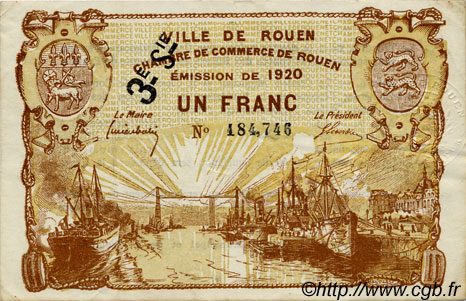1 Franc FRANCE regionalismo e varie Rouen 1920 JP.110.62 BB to SPL