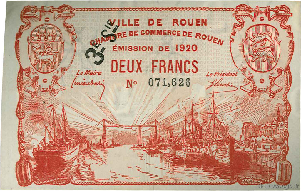 2 Francs FRANCE regionalismo y varios Rouen 1920 JP.110.63 MBC a EBC