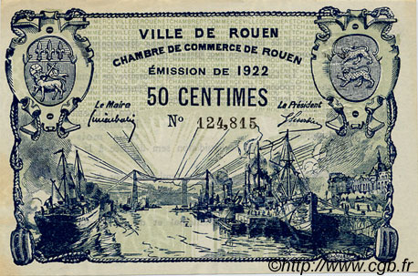 50 Centimes FRANCE regionalism and miscellaneous Rouen 1922 JP.110.64 AU+