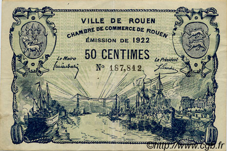 50 Centimes FRANCE regionalismo y varios Rouen 1922 JP.110.64 MBC a EBC