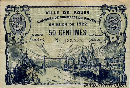 50 Centimes FRANCE régionalisme et divers Rouen 1922 JP.110.64 TB