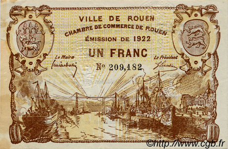 1 Franc FRANCE regionalismo y varios Rouen 1922 JP.110.65 MBC a EBC