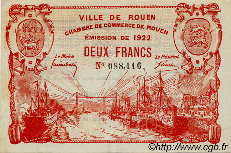 2 Francs FRANCE regionalism and various Rouen 1922 JP.110.66 AU+