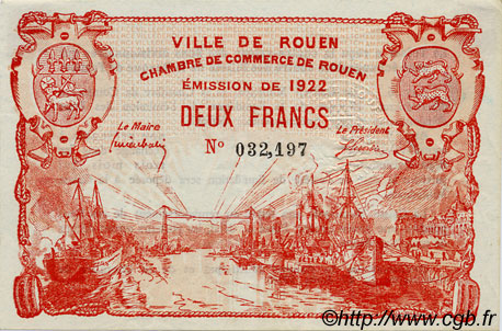 2 Francs FRANCE regionalismo e varie Rouen 1922 JP.110.66 BB to SPL