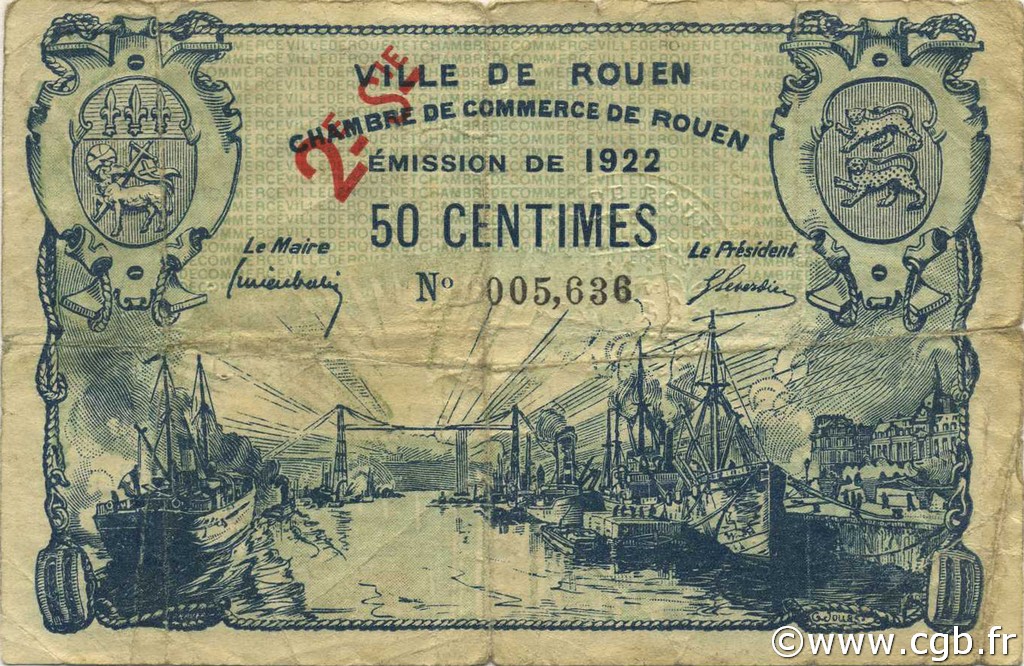 50 Centimes FRANCE regionalism and various Rouen 1922 JP.110.67 F