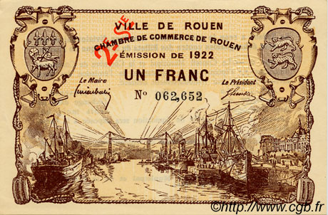 1 Franc FRANCE regionalismo y varios Rouen 1922 JP.110.68 SC a FDC