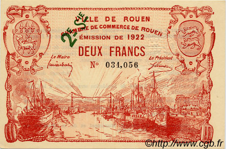 2 Francs FRANCE regionalism and various Rouen 1922 JP.110.69 AU+