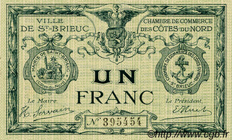 1 Franc FRANCE regionalismo y varios Saint-Brieuc 1918 JP.111.06 SC a FDC