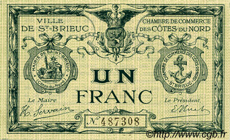 1 Franc FRANCE Regionalismus und verschiedenen Saint-Brieuc 1918 JP.111.06 SS to VZ