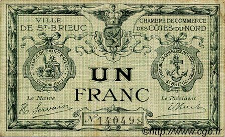1 Franc  FRANCE régionalisme et divers Saint-Brieuc 1918 JP.111.06 TB