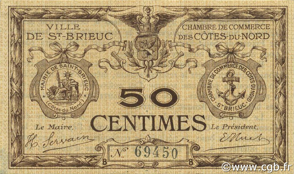 50 Centimes FRANCE regionalismo y varios Saint-Brieuc 1918 JP.111.11 SC a FDC