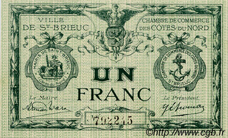 1 Franc FRANCE regionalismo y varios Saint-Brieuc 1918 JP.111.15 SC a FDC