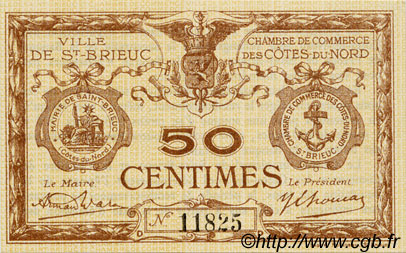 50 Centimes FRANCE regionalismo y varios Saint-Brieuc 1918 JP.111.17 SC a FDC