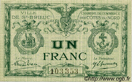 1 Franc FRANCE regionalism and various Saint-Brieuc 1918 JP.111.20 AU+