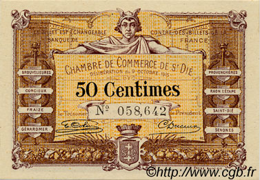 50 Centimes FRANCE regionalismo y varios Saint-Die 1915 JP.112.01 SC a FDC