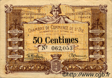 50 Centimes FRANCE regionalism and various Saint-Die 1915 JP.112.01 VF - XF