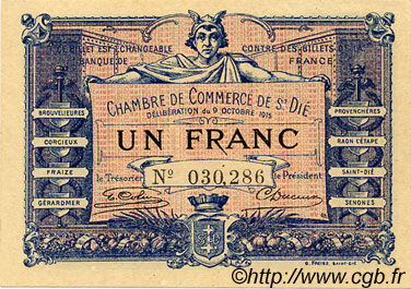 1 Franc FRANCE regionalism and various Saint-Die 1915 JP.112.03 VF - XF