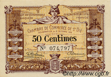 50 Centimes FRANCE régionalisme et divers Saint-Die 1916 JP.112.05 TTB à SUP