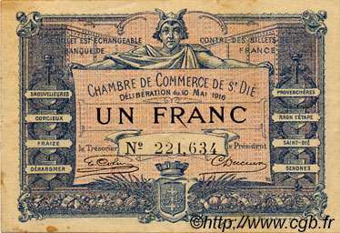 1 Franc FRANCE regionalism and miscellaneous Saint-Die 1916 JP.112.08 VF - XF
