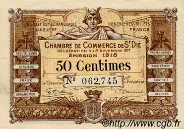 50 Centimes FRANCE regionalism and various Saint-Die 1917 JP.112.10 AU+