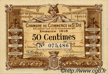 50 Centimes FRANCE regionalism and various Saint-Die 1917 JP.112.10 VF - XF