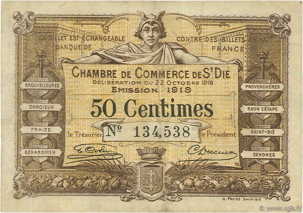 50 Centimes FRANCE regionalism and miscellaneous Saint-Die 1918 JP.112.12 F