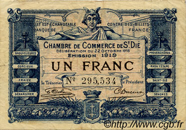 1 Franc FRANCE regionalism and various Saint-Die 1918 JP.112.13 VF - XF