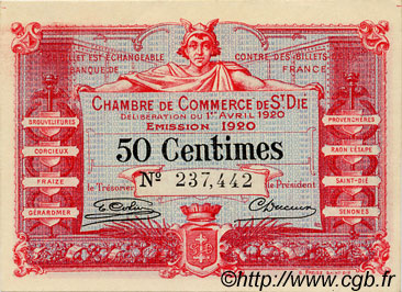 50 Centimes FRANCE regionalismo y varios Saint-Die 1920 JP.112.16 SC a FDC