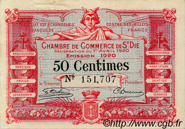 50 Centimes FRANCE Regionalismus und verschiedenen Saint-Die 1920 JP.112.16 S
