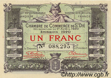 1 Franc FRANCE regionalismo y varios Saint-Die 1920 JP.112.19 MBC a EBC