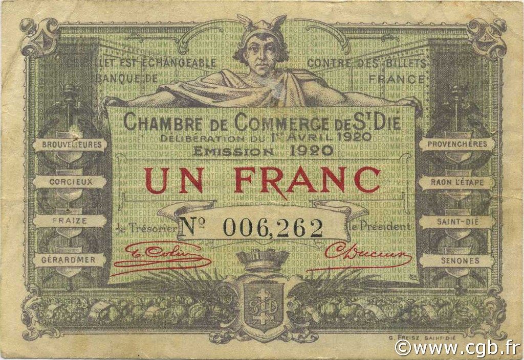 1 Franc FRANCE regionalism and miscellaneous Saint-Die 1920 JP.112.19 F