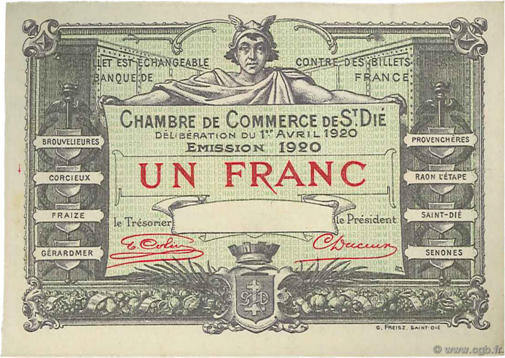 1 Franc Spécimen FRANCE regionalismo y varios Saint-Die 1920 JP.112.20 SC a FDC