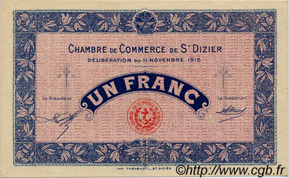 1 Franc Spécimen FRANCE regionalismo e varie Saint-Dizier 1915 JP.113.08 AU a FDC