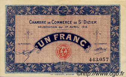 1 Franc FRANCE Regionalismus und verschiedenen Saint-Dizier 1916 JP.113.12 SS to VZ