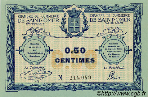 50 Centimes FRANCE Regionalismus und verschiedenen Saint-Omer 1914 JP.115.01 fST to ST