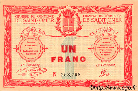 1 Franc FRANCE Regionalismus und verschiedenen Saint-Omer 1914 JP.115.04 fST to ST