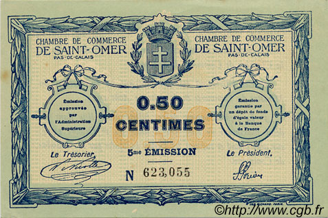 50 Centimes FRANCE Regionalismus und verschiedenen Saint-Omer 1914 JP.115.07 fST to ST