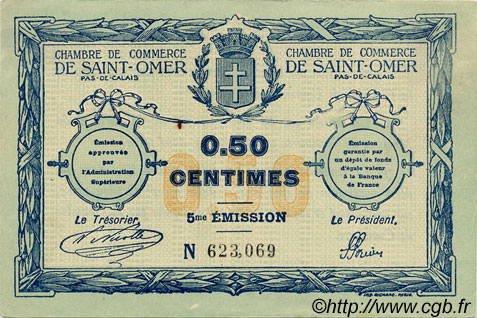 50 Centimes FRANCE regionalismo y varios Saint-Omer 1914 JP.115.07 MBC a EBC