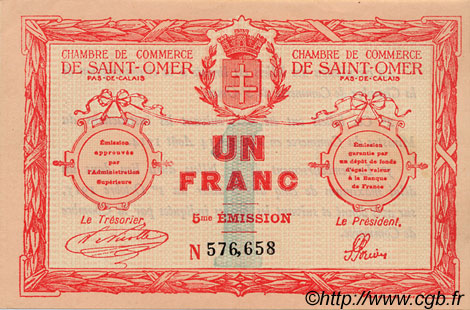 1 Franc FRANCE regionalism and various Saint-Omer 1914 JP.115.10 AU+
