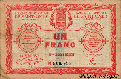 1 Franc FRANCE regionalismo y varios Saint-Omer 1914 JP.115.10 BC